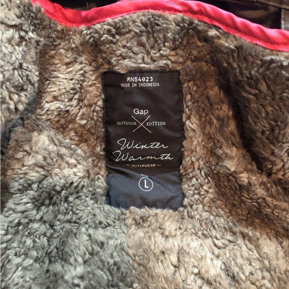 Gap Khaki Green Jacket With Fleece Lining & Faux Fur Hood - Womens L, Bust 21” - Picture 4 of 5